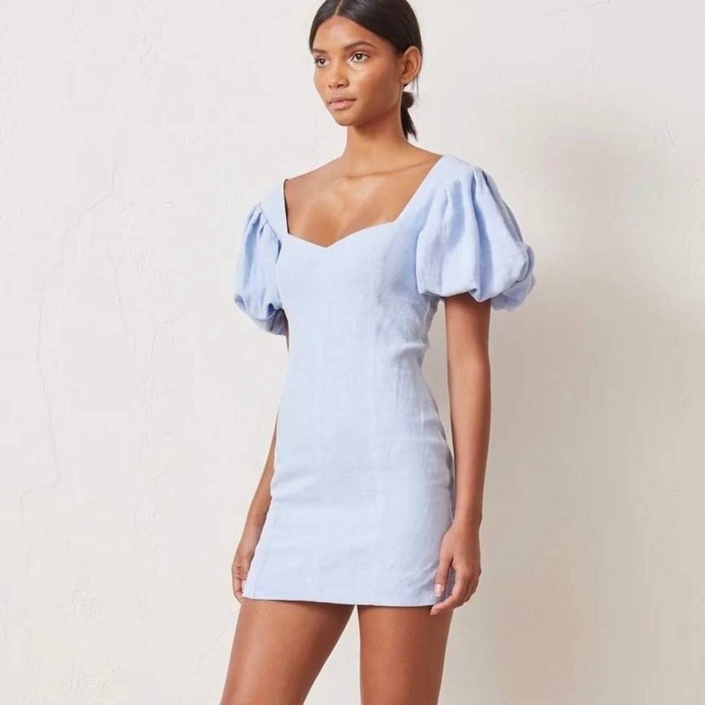 BEC + BRIDGE Anika‎ Mini Dress Sky Blue Linen Blend Occasion Party Square Neck